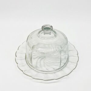 VINTAGE Depression Glass Clear Glass Swirl Cheese Dome Scalloped Plate MCM 1940s
